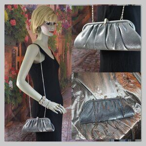 Carlo Fellini Shoulder Clutch Evening Bag Silver Pewter Crystal Clip Silvr Chain